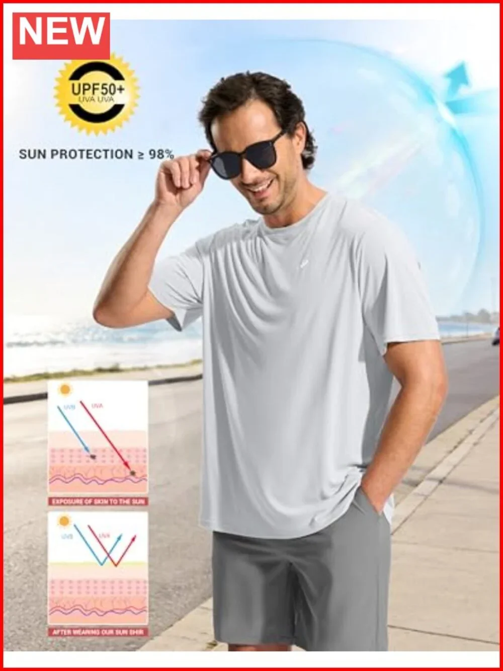 Men's UPF 50+ Rashguard Swim Shirt Quick Dry Lightweight Short Sleeve Sun